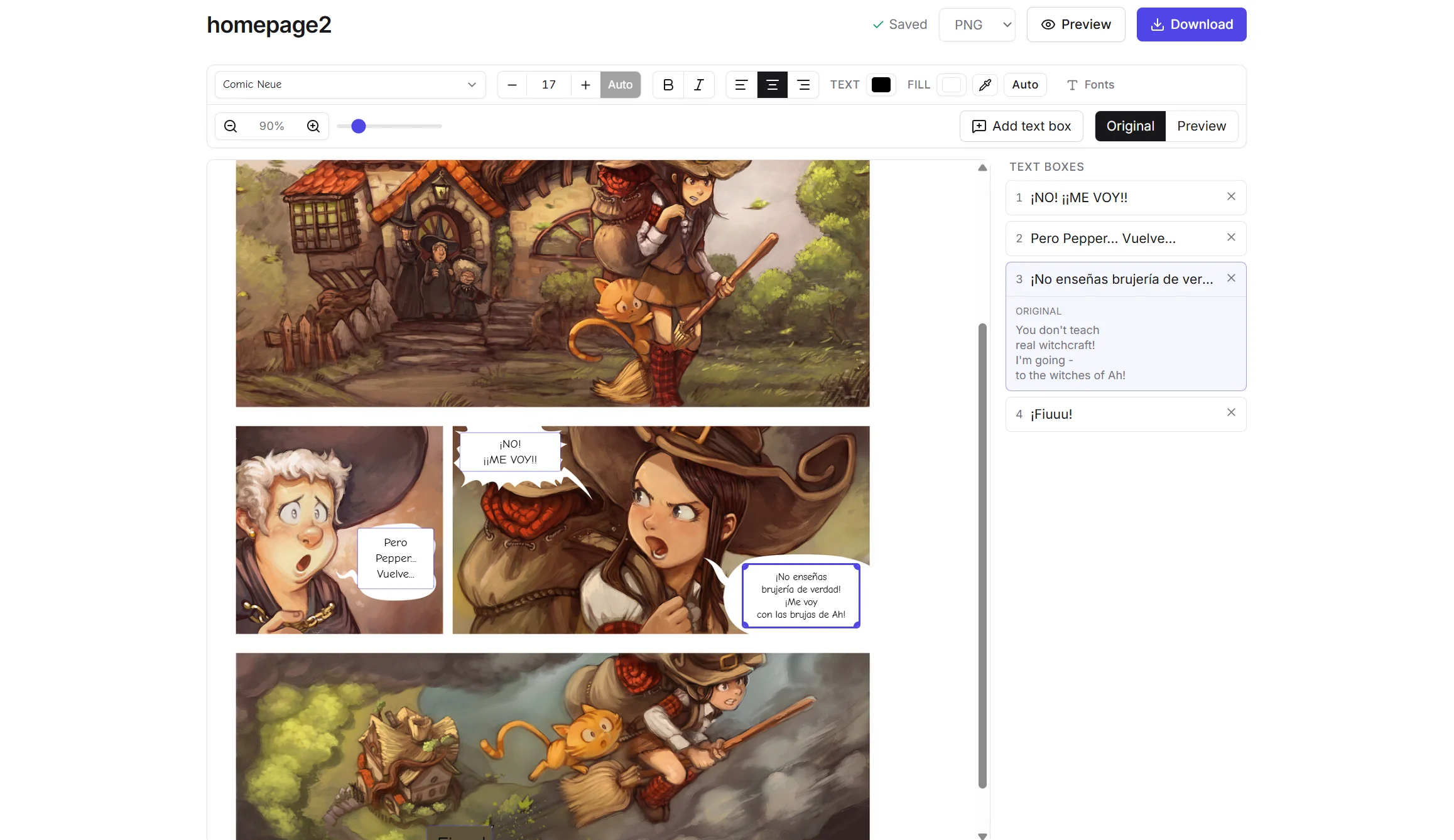 The Verse editor: a comic page on the left with its speech bubbles outlined as editable text boxes, a formatting toolbar above, and a list of the page's text regions on the right.